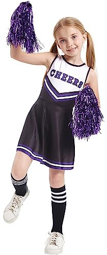 LOLANTA Cheerleader Kostüm Kinder, Cheerleadering Outfit Mädchen mit Pompons(10-11 Jahre,Schwarz,Tag 150)