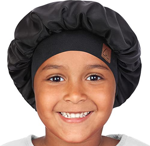 Hat Hut Kinder Seidenhaube zum Schlafen, Satin-Schlafhaube für lockiges Haar, Baby Silk Bonnet, Verstellbare Seidenhaarkappe für Mädchen Jungen (DE/NL/SE/PL, Alphanumerisch, Einheitsgröße, Schwarz)