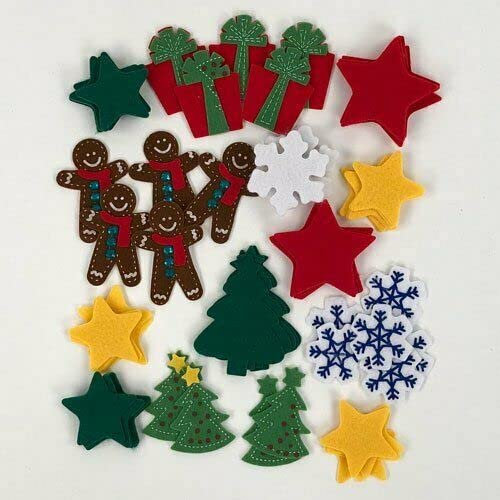 SKYTE® 100 Christmas Craft Felt Shapes Assorted Shape Sticky Stars Gingerbread Men Snowflakes Xmas Card Making Festive Crafts Ornaments DIY New Year Handmade Christmas Door Wall Decorations