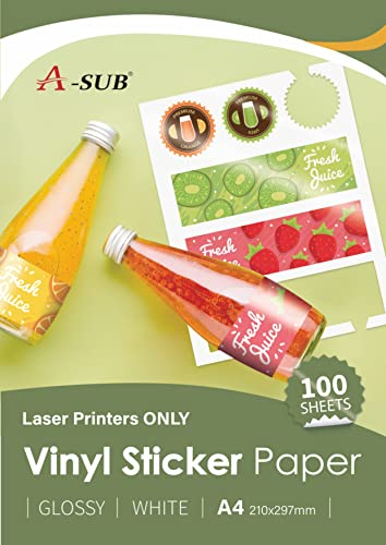 A-SUB Papel adhesivo de vinilo imprimible, resistente al agua, brillante, blanco, etiquetas de vinilo autoadhesivas para impresoras Láser, tamaño A4, 100 hojas