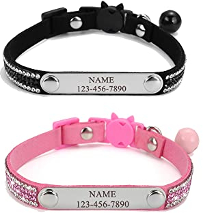 Mogokoyo 2er Pack Glöckchen Katzenhalsband mit Namen und Telefonnummer Personalisiert Reflektierend Katzenhalsband mit Sicherheitsverschluss Verstellbar Halsband für Katze (Stil 2- Schwarz&Rosa)
