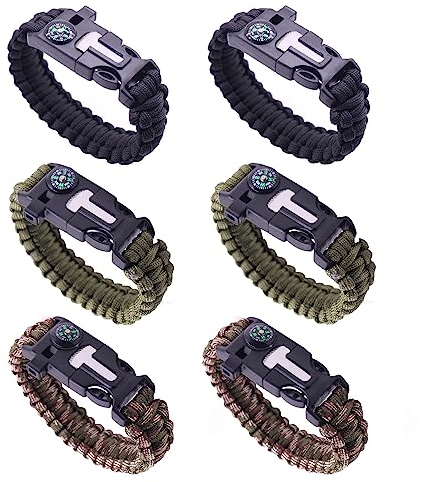 Sipiris 6 Stück Survival Paracord Armband,Survival Kit Outdoor Armband für Wandern, Camping, Bootfahren, Notfall Oder Andere Outdoor-Aktivitäten(3 Farben)