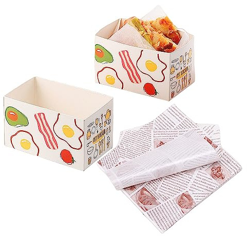XZJMY 50 Stück Lunchboxen aus Papier, Mini-Hamburgerbox, Sandwichbox, mit 50 Blatt Ölpapier, für Restaurant, Picknick und Party, Farbe A, wiederverwendbar