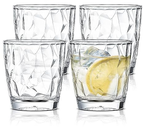 HYEIOL Wassergläser Set 4-teilig, 300ml Kunststoff Trinkgläser Set Diamond, Cocktail Coca Cola Water Juice Gläser, Saftgläser für Hause, Camping, Stapelbar, Spülmaschinenfest