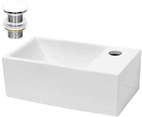 ECD Germany Lavabo da Appoggio o Parete con Set di Scarico 350 x 205 x 125 mm Ceramica Bianca Rettangolare Lavandino Senza Troppopieno Lavamano da Bagno con Piletta Montaggio del Rubinetto a Destra