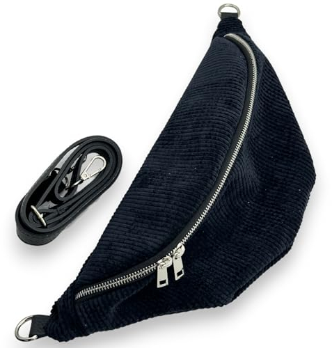 Bauchtasche Cord, Stylische Gürteltasche Damen mit Crossbody Echt Leder Gurt, Made in Italy Umhängetasche (Schwarz)