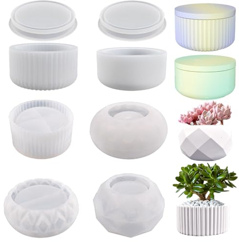6 Piezas Redondas Molde de Silicona con Tapa Set, Cilíndricas Moldes para Velas con Moldes para Macetas de Distintos Dseños, 3D Reutilizables Moldes de Resina para Portavelas, Maceta, Recipiente
