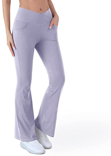 Yogahose Damen Lang High Waist Schlaghose Kreuz Bootcut Leggings mit Tasche Blickdicht Flared Sportleggings Stretch V-Taille Sporthose Bootleg Laufhose Yoga Pants Weites Bein Jazzpants (U-Grau, M)