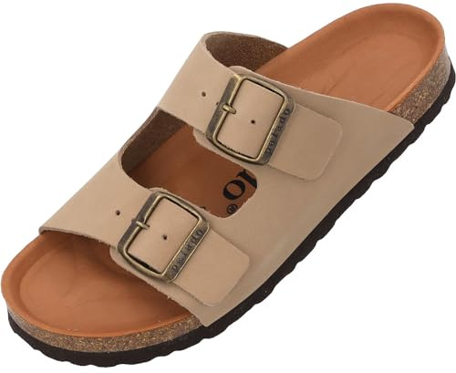 Palado Pantoletten Damen Korfu Oiled Premium Leather - modische Sandalen Made in Spain - bequeme Hausschuhe - modische Sommerschuhe Taupe/Braun UK8 - EU41