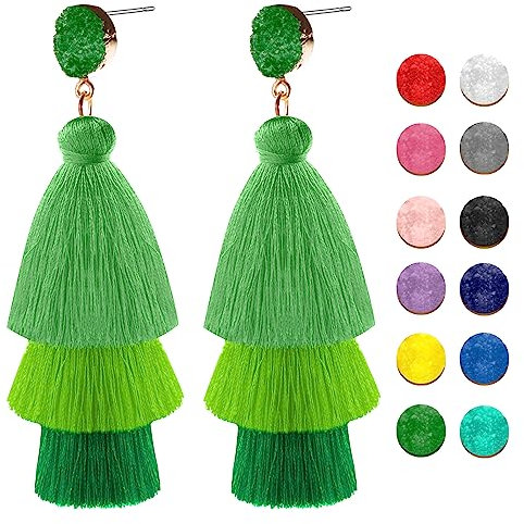 Boho Quasten Ohrringe,Quasten Anhänger,Ohrringe Hängend,Böhmische Kaskadierende Quastenohrringe, Damen Quastenohrringe - Grüner Farbverlauf
