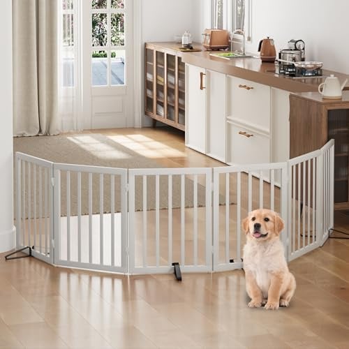 Hundegitter für Türen, Faltbares Hundegitter Innen, Freistehende Haustiergitter für Türen Schlafzimmer, Welpengitter mit Metallstützfüßen, Raumteiler 6 Paneele (Weiß)