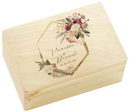 Erinnerungsbox Hochzeit Erinnerungskiste Geschenkbox Wedding Schatztruhe Trauung Hochzeitskiste für Brautpaar Holzkiste Hochzeit mit Gravur personalisiert Hochzeitsgeschenk (Boho, S)