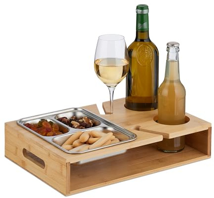 Relaxdays Vassoio da Divano, Couch Bar 3in1, Ciotole in Acciaio per Snack, Porta Bevande e Portacalici, Marrone Argento | Ciotole in Acciaio per Snack, Porta Bevande e Portacalici