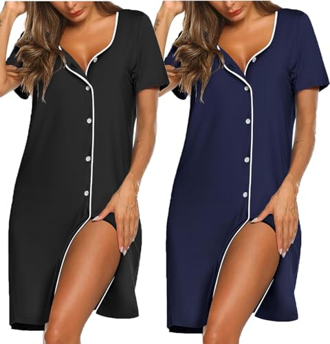 Ekouaer 2 Pack Nightdress for Women Button Down Black + Navylue S