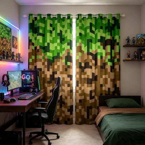 Fenstervorhang im Bergmann-Stil, quadratisch, braun-grün, Pixel-Verdunkelungsvorhänge für Jungen, Teenager, Männer, Cartoon-Gamepad, Fensterverdunkelung, Vorhang, Pixel-Spiele, 132 x 160 cm (B x L)
