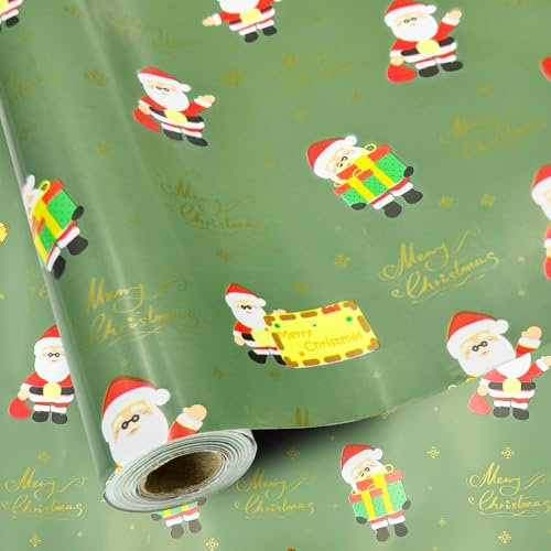 Rouleau de papier cadeau pour Noël : 15 m x 43 cm, papier cadeau vert avec Père Noël