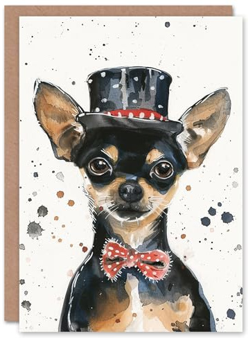 Artery8 Dog Lover Top Hat Bowtie Chihuahua Watercolour Blank For Him Or Her Art Birthday Card