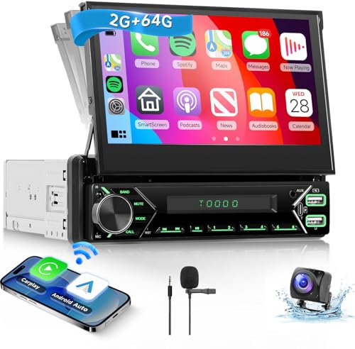 2G+64G sans Fil Carplay Android 13 Autoradio 1 Din avec sans Fil Android Auto Navi GPS WiFi 7 Pouces Écran Rétractable Autoradio avec Mirror Link Bluetooth FM/RDS Radio EQ/SWC/MIC Caméra de Recul