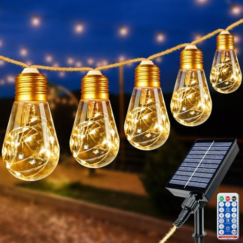 btfarm Solar Lights Outdoor Garden with Remote, 8M/26FT 160 LED Solar String Lights with16 LED Shatterproof Bulbs, Hemp Rope Festoon Lights Waterproof for Patio Party Wedding Yard Decor -Warm White