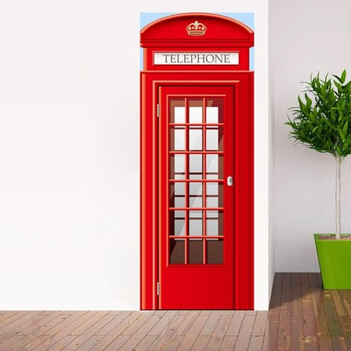 Tizhweqo Türtapete Selbstklebend 77x200 London, Großbritannien Türfolie Türposter Rote Telefonzelle Fototapete Türklebefolie Wandbild Türaufkleber Wandtapete für Wohnzimmer Schlafzimmer a577
