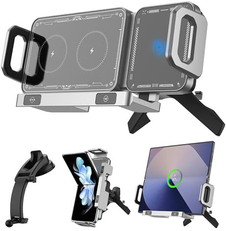 BRIMFORD 90° Drehbare KFZ Handyhalterung für Samsung Galaxy Z Fold 6/5/4 & iPhone & Qi - Kabelloses Schnellladen, Touch & Auto Clip, Stabile 2in1 Lüftung/Armaturenbrett Halterung