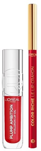 L'Oréal Paris Plump Ambition Geschenkset Plump in Love mit passendem Lipliner, Lippenöl mit Hyaluron, Bis zu 24H Feuchtigkeit, Lippenöl Farbe: 101 Cristal Clear, 5 ml, Lipliner 297 Red Passion