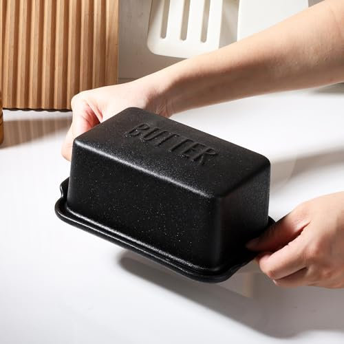 Porcelain Covered Butter Dish with Lid for Countertop Butter Holder Container for One Stick of Butter. Textured Tray Butter Keeper for Non Slip Storage-Black Big