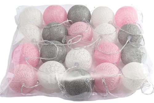 Mateju Lichterkette Innen Batterie, Kugel Lichterkette mit Fernbedienung 8 Modi Cotton Ball Lights Batteriebetrieben Baumwollkugeln Lichterkette für Zimmer, Innen Deko (Hellrosa,5M/50LED)