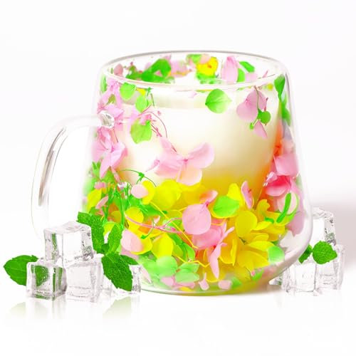 RUIOMII 200ML Flores Secas Tazas de Café de Vidrio de Doble Pared, Vasos Cristal Flores Secas para Amigas, Novias, Madres y Otros Regalos de Mujer.