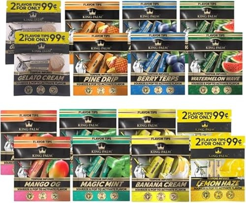 King Palm 32 Terpene-Infused Flavoured Filter Tips Squeeze & Pop | 7mm Filter Tips, including 8 Flavours, Pineapple, Banana, Gelato, Mint, Blueberry, Lemon, Mango, and Watermelon