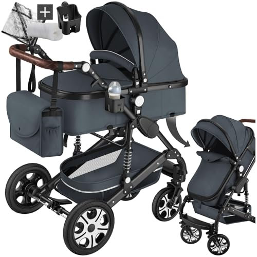 tectake® 2 in 1 Kinderwagen, klappbarer Kinderwagen Buggy mit Liegefunktion, mit Fußsack Kinderwagen, Getränkehalter Kinderwagen, herausnehmbarer Babywanne und Regenschutz Kinderwagen - anthrazit