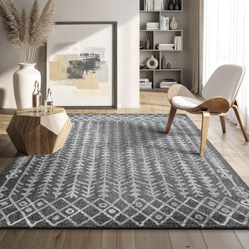 SANAT Boho Teppich – Moderner Teppich im Boho Stil, Geeignet für Wohnzimmer, Schlafzimmer, Flur, Esszimmer und Kinderzimmer – Vintage Grau, Größe: 240 x 340 cm