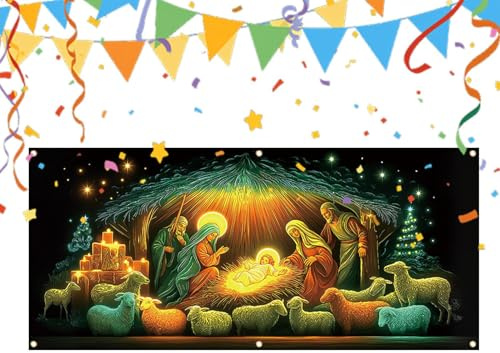 Generisch Decorazione natalizia per la porta di casa, fluorescente, grande sfondo religioso Gesù, scena di Natale, stecco di Natale, per interni ed esterni, casa, feste agricole, Capodanno