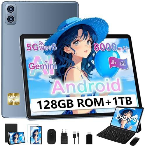 Dghrti Tablette Android, 10.1 FHD - Coque en Métal, 【22Go RAM】+ 128Go ROM/TF 1To, Widevine L1, 8000mAh, Tablette Tactile Caméra 5+8MP,+ Clavier et Souris 2-en-1 - Gris