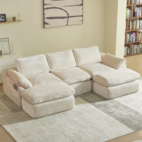 Vamcheer Ecksofa mit Schlaffunktion (Vollschaum) - 3 Sitzer Modulares Boneless Big Sofa XXL, Cloud Couch U Form für Wohnzimmer, Groß Schlafsofa, Moderne Schlafcouch Eckcouch, 275 x 153 cm, Beige