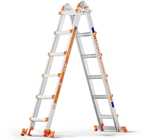 Multiple Positions 6 Step Ladder, 6.1m Sliding Ladder with Stabiliser and Wheels, 150 kg Safety Load, One Frame Ladder for Stairs, Home, Indoor, Outdoor, Roof