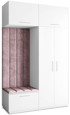 Masseno Flugarderoben Set Rema, Kleiderschrank-Set mit Sitzbank, Garderobenschrank Flur mit 5 Regalböden, Weiß