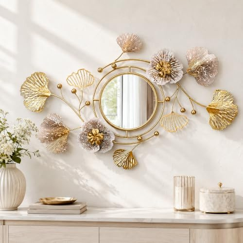 Generisch Metall-Wanddeko mit Spiegel,Florales 3D-Design,Wohnzimmer,92×52cm | Handgefertigt und handbemalt,filigrane Blätter und Blüten,sauber ausgearbeitete Metalloberflächen,handwerkliche Verarbeitung