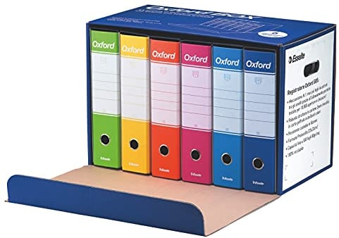 Esselte OXFORD BOX Confezione da 6 Registratori con custodia G85, Meccanismo a Leva N.1, in Formato Protocollo (23x33cm), Dorso da 8 cm, Con Scatola Archivio in Cartone, Colori Assortiti, 390785110