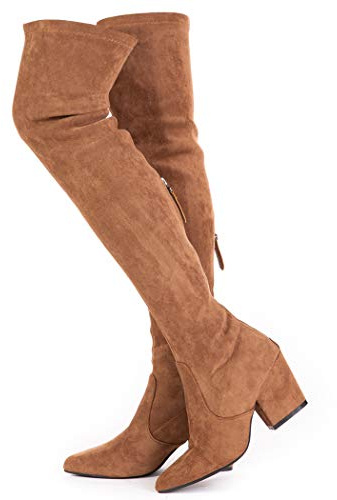 N.N.G Stivali da donna sopra il ginocchio, altezza coscia, in pelle scamosciata, a blocco, bassi, piatti, lunghi, OTK, comodi, a punta, Tacco marrone 3, 40.5 EU