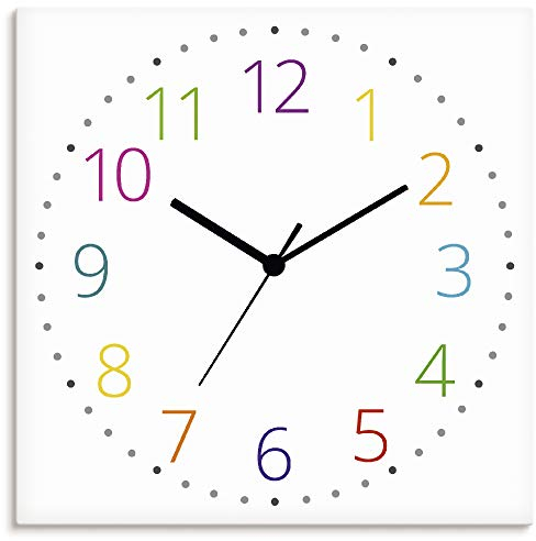 ARTLAND Wanddeko Wanduhr ohne Tickgeräusche aus Alu Kinderuhr Funk Uhr lautlos 30x30 cm Lernuhr Kinder Comic Design Uhrzeit Lernen Junge Mädchen Bunt U1LT