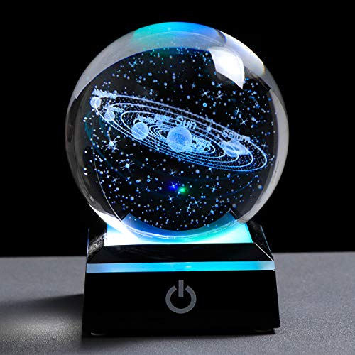 3.15 (80 mm) Solar System Crystal Ball 3D Sun System Planets Model Globe with LED Base Home Decorative Ornament Astronomy Gifts (Black base)
