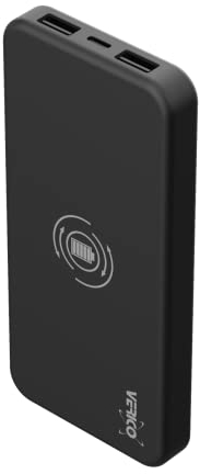 VERICO Power Bank Power Plus Air V2 Wireless, 10000 mAh, schwarz, Kabelloses Laden mit max 15 Watt, Eingang: 1 x Micro-USB, 1 x USB-C, Ausgang: 2 x USB Type A und 1 x USB Type C.
