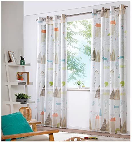 heimtexland ® Vorhang Kindergardine Skandi Leinen Optik Natur Bunt Deko Gardine Kinderzimmer Transparent Typ755 Ösenschal HxB 245x135 cm