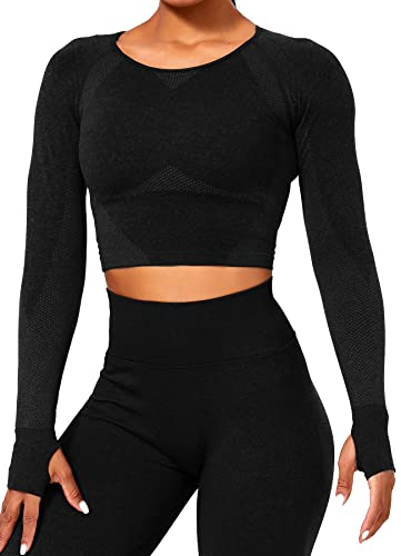 TZLDN Damen Nahtlos Sport Oberteile - Bauchfrei Langarm Laufshirt Sportshirt für Yoga Fitness Gym Workout Jogging #1 Schwarz S
