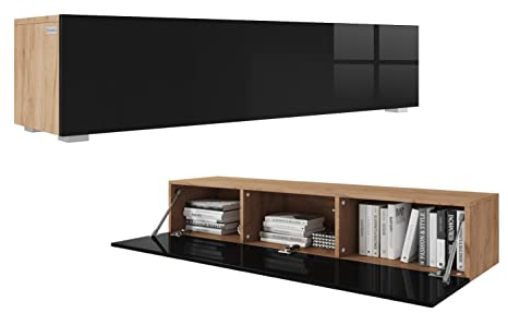 PLATAN ROOM Fernsehschrank TV-Lowboard 105/140 / 160/210 / 280 In Weiß Hängend Oder Stehend Hochglanz Matt (140 x 30 x 32, Eiche Gold/Schwarz Hochglanz)