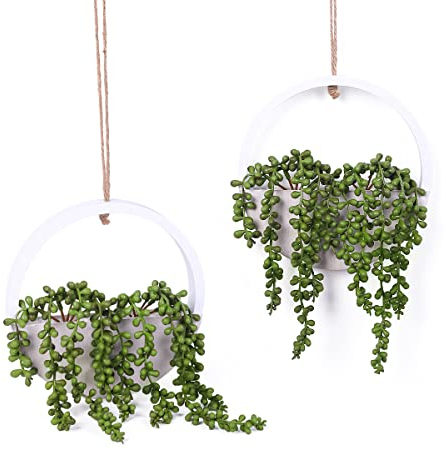JUSTOYOU 2 Piezas Suculentas Artificiales Colgantes Cadena de Perlas Planta Cesta de Lágrimas de Amor Falsas Planta para Interior Exterior Boda Fiesta Hogar Jardín Decoración de Pared