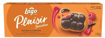 Lago 1968, Plaisir Nuvole Lampone 130g, Deliziosi Biscotti Petit Beurre con Farcitura di Marmellata al Lampone e Ricoperti di Cioccolato Fondente