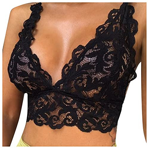 Reggiseno Senza Ferretto in Pizzo, Top Sexy Con Profondo Scollo a V e Cavezza, Bralette Push Up Sportivo, Lingerie Comfort da Donna
