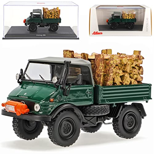 Mercedes-Benz U406 Unimog Pritsche Grün mit Holzladung 1963-1989 1/43 Schuco Modell Auto mit individiuellem Wunschkennzeichen